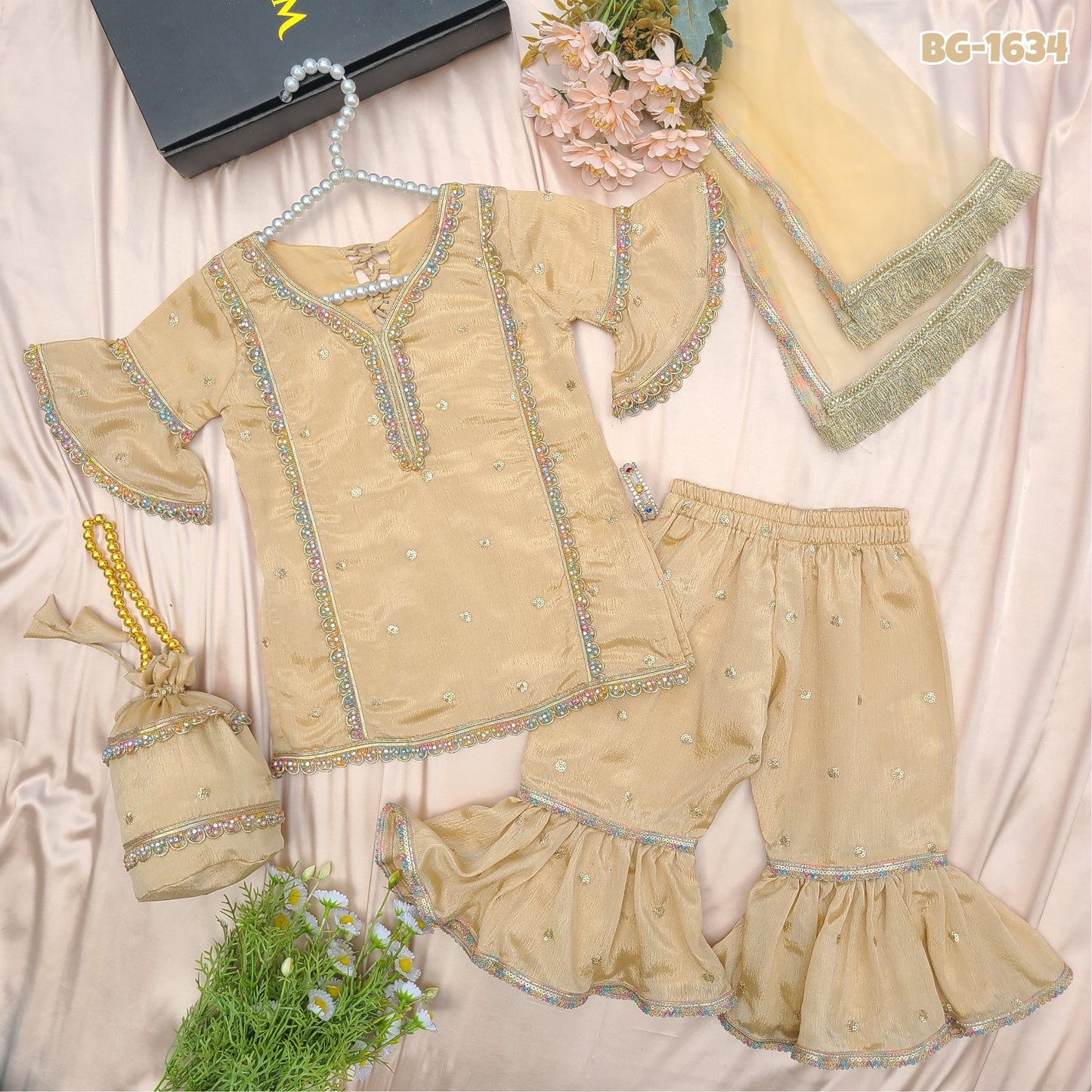 Royal Arabic Amber Golden Sands Sharara Suit with Matching Potli Bag Code-BG-1634