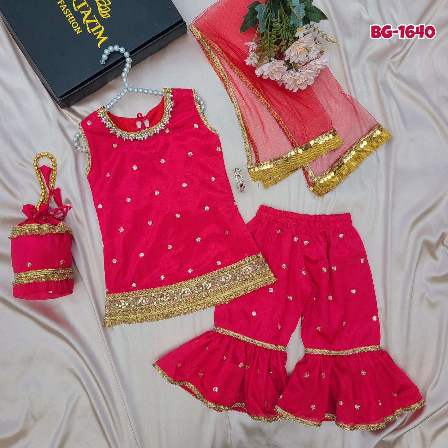 Elegant Arabian Rose Sharara Set with Matching Potli Bag Code-BG-1640