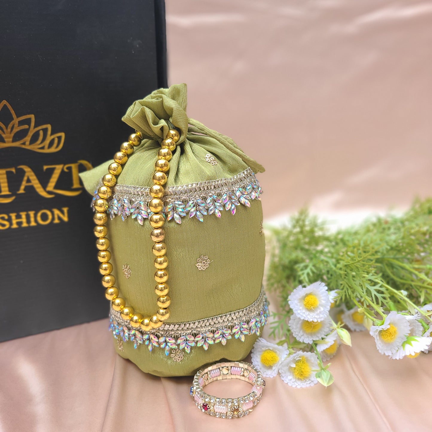 The Sultana Olive Heritage Silk Suite with Matching Potli Bag Code-BG-1639
